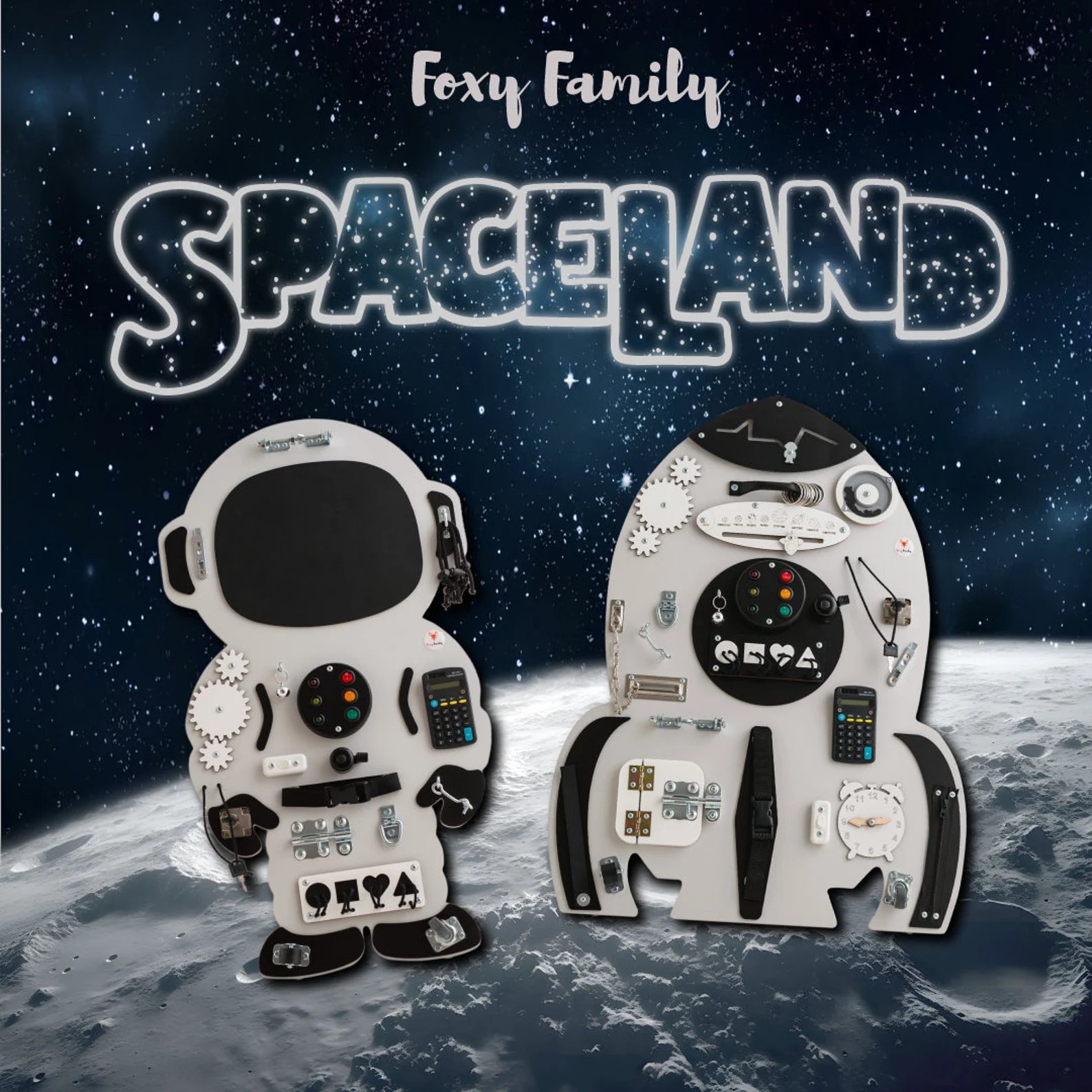 Space rocket Busy board - Planche sensorielle - Jeu de motricite fine pour enfant (3 ans et +)  FoxyFamily Space rocket Busy board - Planche sensorielle - Jeu de motricite fine pour enfant (3 ans et +) myplayground