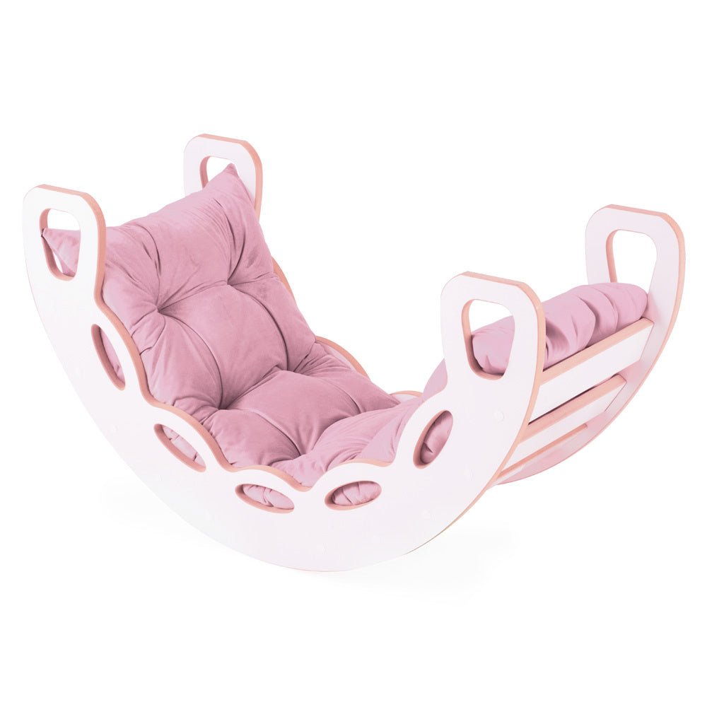 Bascule 4 en 1 - bois blanc, avec mur d’escalade, toboggan et coussin en velours rose, motricité - Plush nest - myplayground