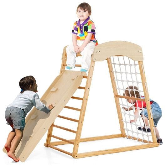 6 - in - 1 Jungle Gym Wooden Indoor Playground with Double - Sided Ramp and Monkey Bars - Multicolor - myplayground