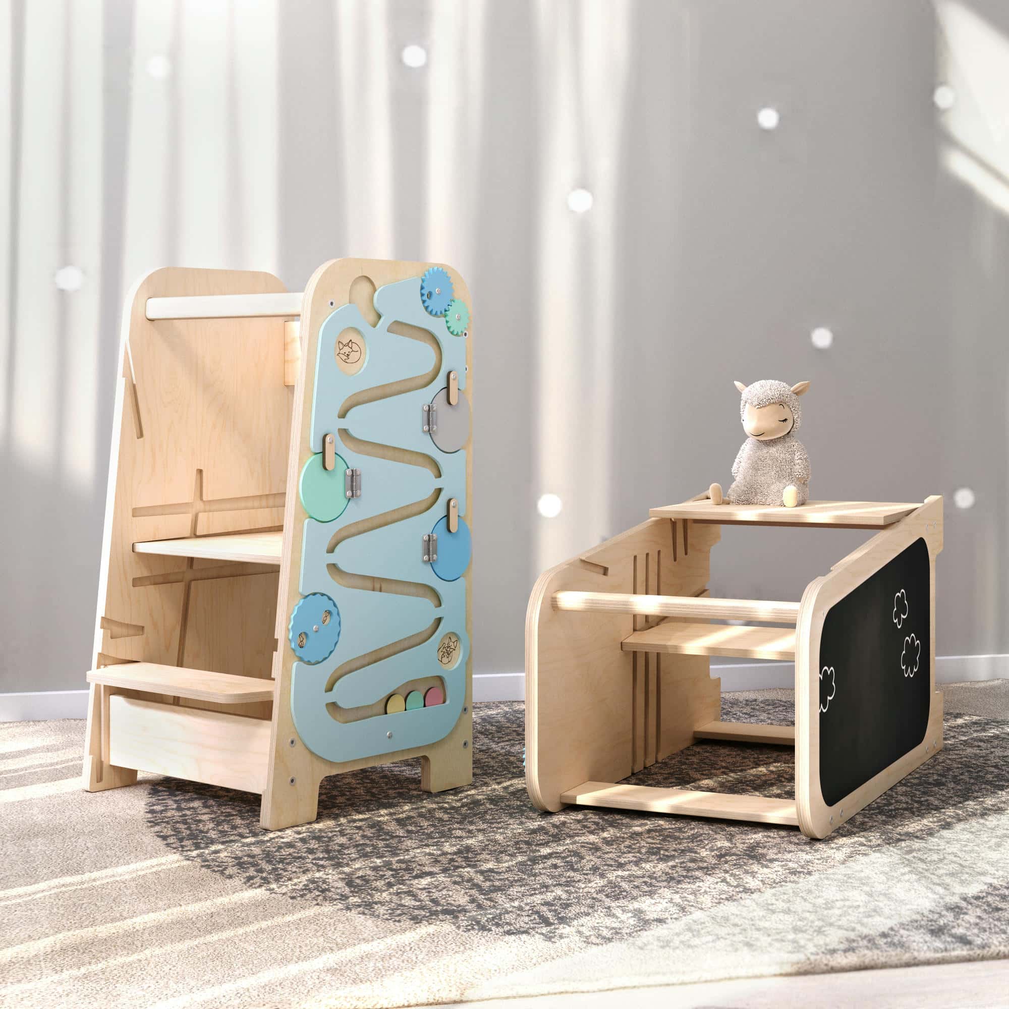 BusyKids - Tour d’Apprentissage Multifonctions 5 en 1 Menthe - Bois Brut (non verni) - 18 à 24 mois - myplayground