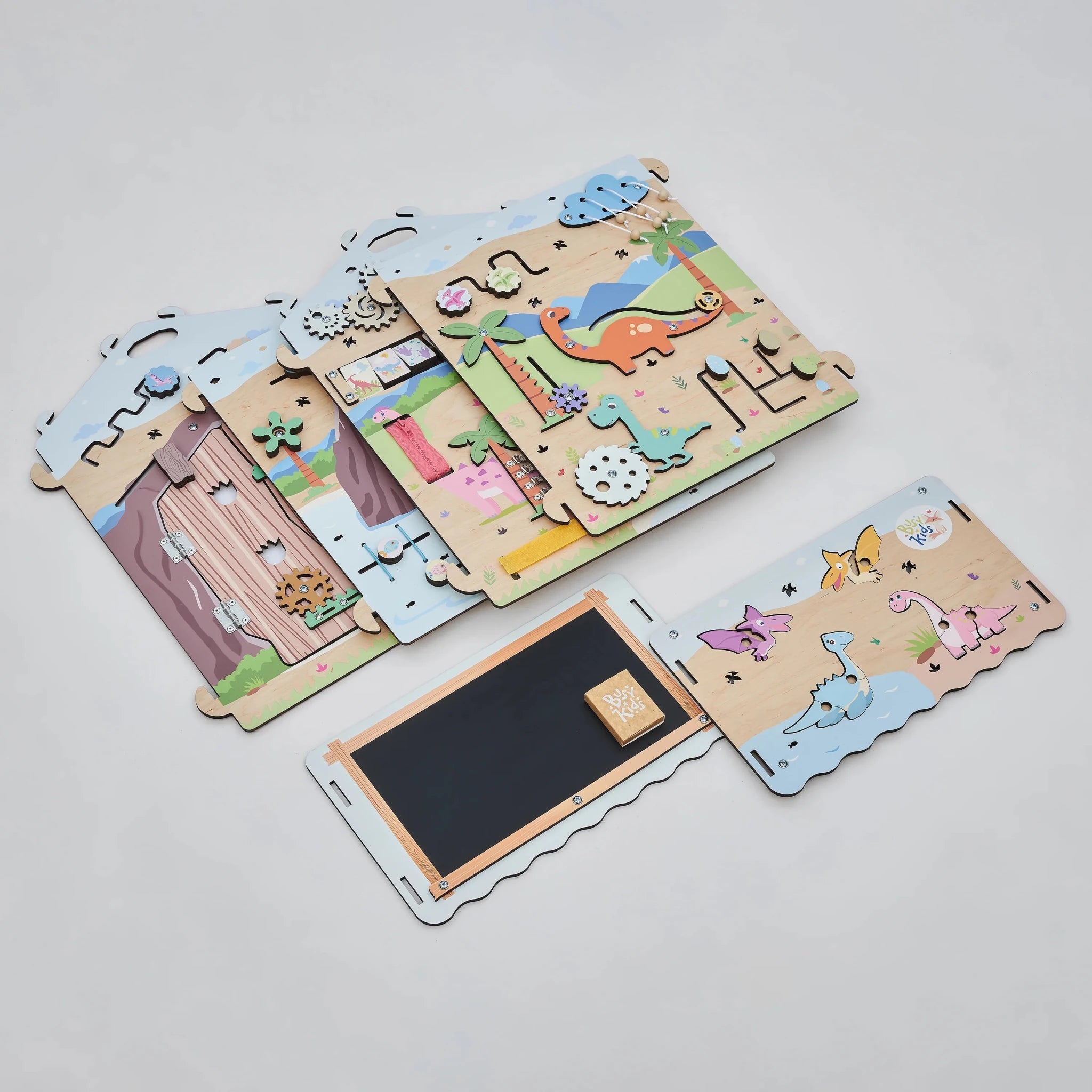 Busy Board Maisonnette Éducative DINO Équipé d'un Éclairage - Bois Natura, 12 à 18 mois - BusyKids - myplayground