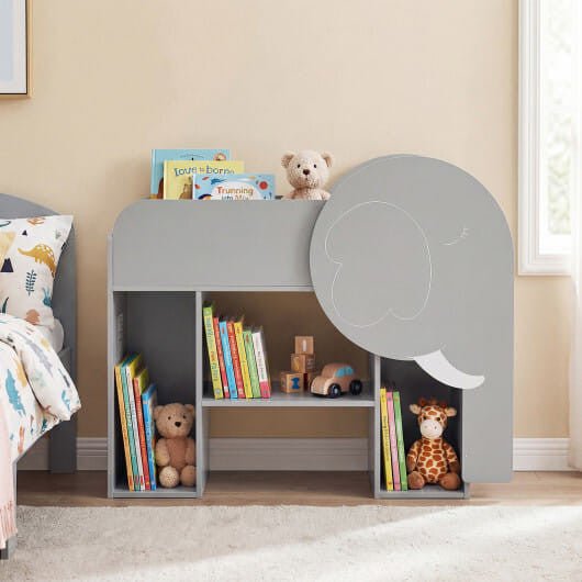 Montessori Bookshelf with Elephant Shape 3 - Tier Toddler Toy Storage Organizer - Grey - myplayground
