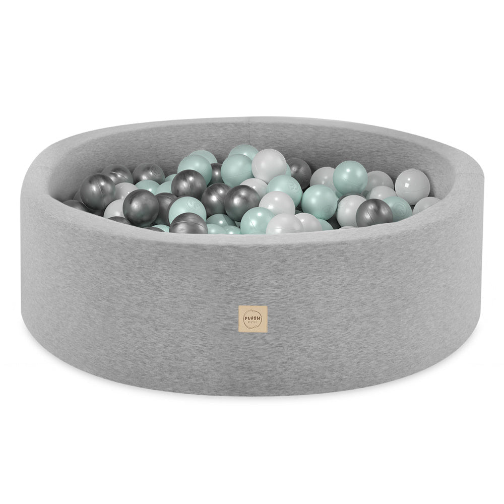 Piscine à balles - ronde 90x30 cm, gris clair, coton (+ 200 boules menthe, argenté, blanche) - Plush Nest - Misioo - myplayground