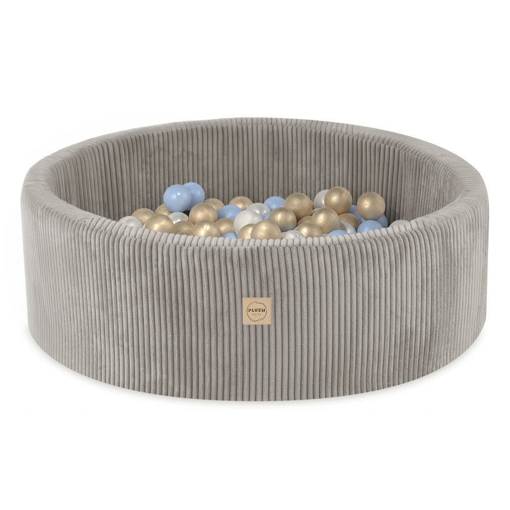 Piscine à balles - ronde 90x30 cm, beige velours côtelé (+ 200 boules perles, dorées, bleues ) – Plush Nest - myplayground
