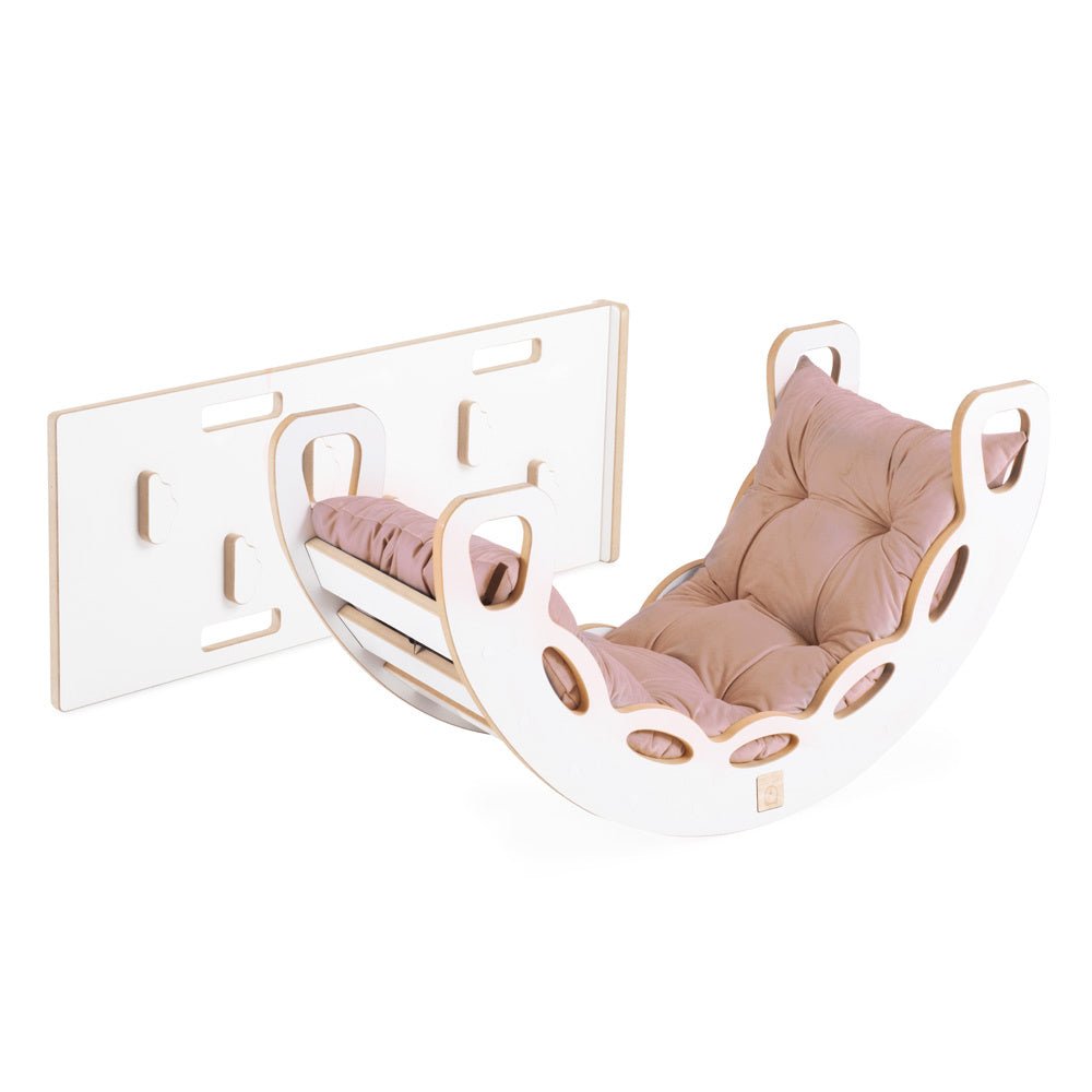 Bascule 4 en 1 - bois blanc, avec mur d’escalade, toboggan et coussin en velours beige/doré, motricité - Plush nest - myplayground