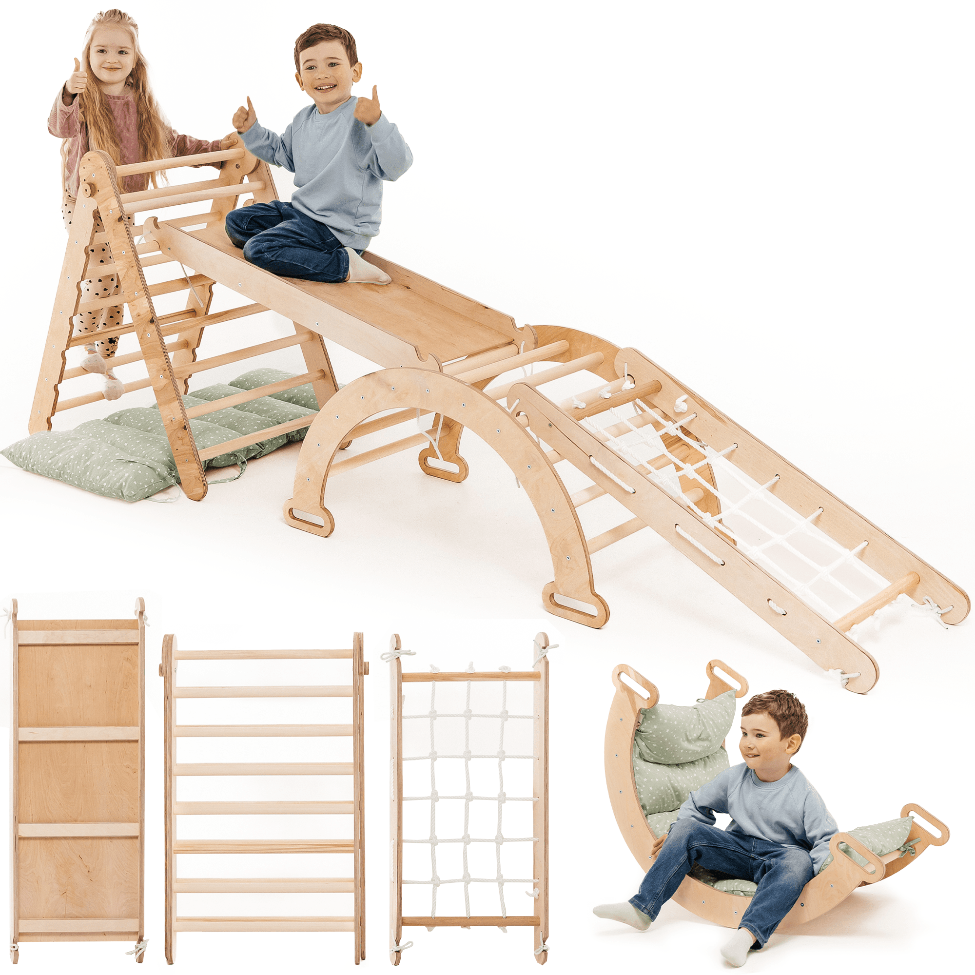 5in1 Montessori Klettergerüst Set: Kletterdreieck mit Rutsche, Kletterbogen, Kletternetz und Kissen, für Kinder 1 - 7 Jahre – Beige - myplayground