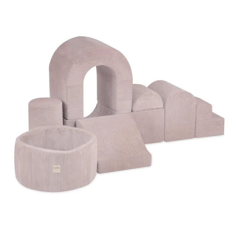 Château de terrain de jeu avec piscine +150 balles (perle, or) – Velours côtelé rose clair premium – Plush Nest by Misioo