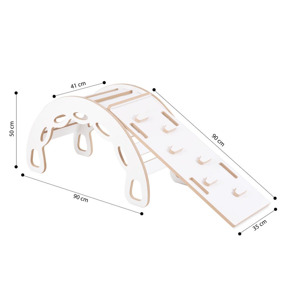 Bascule 4 en 1 - bois blanc, avec mur d’escalade, toboggan et coussin en velours gris, motricité - Plush nest - myplayground