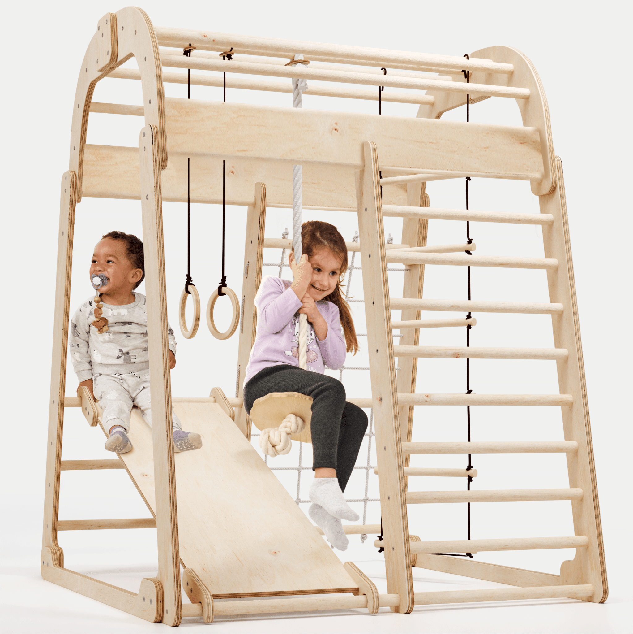 6in1 Indoor Spielplatz für Kinder: Klettergerüst mit Kletternetz, Rutsche, Gymnastikringe, Hängende Leiter und Disc - Schaukel – Beige - myplayground