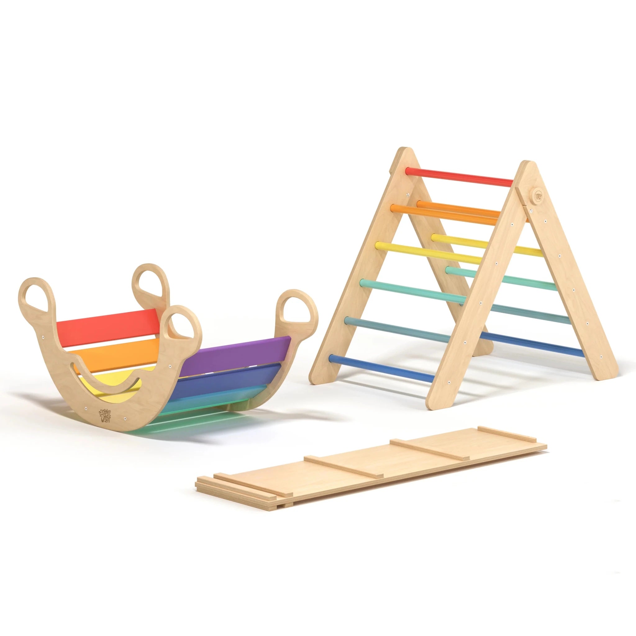 Ensemble triangle pikler + planche + bascule d’équilibre - arc - en - ciel, bois Natura, 12 à 18 mois - BusyKids - myplayground