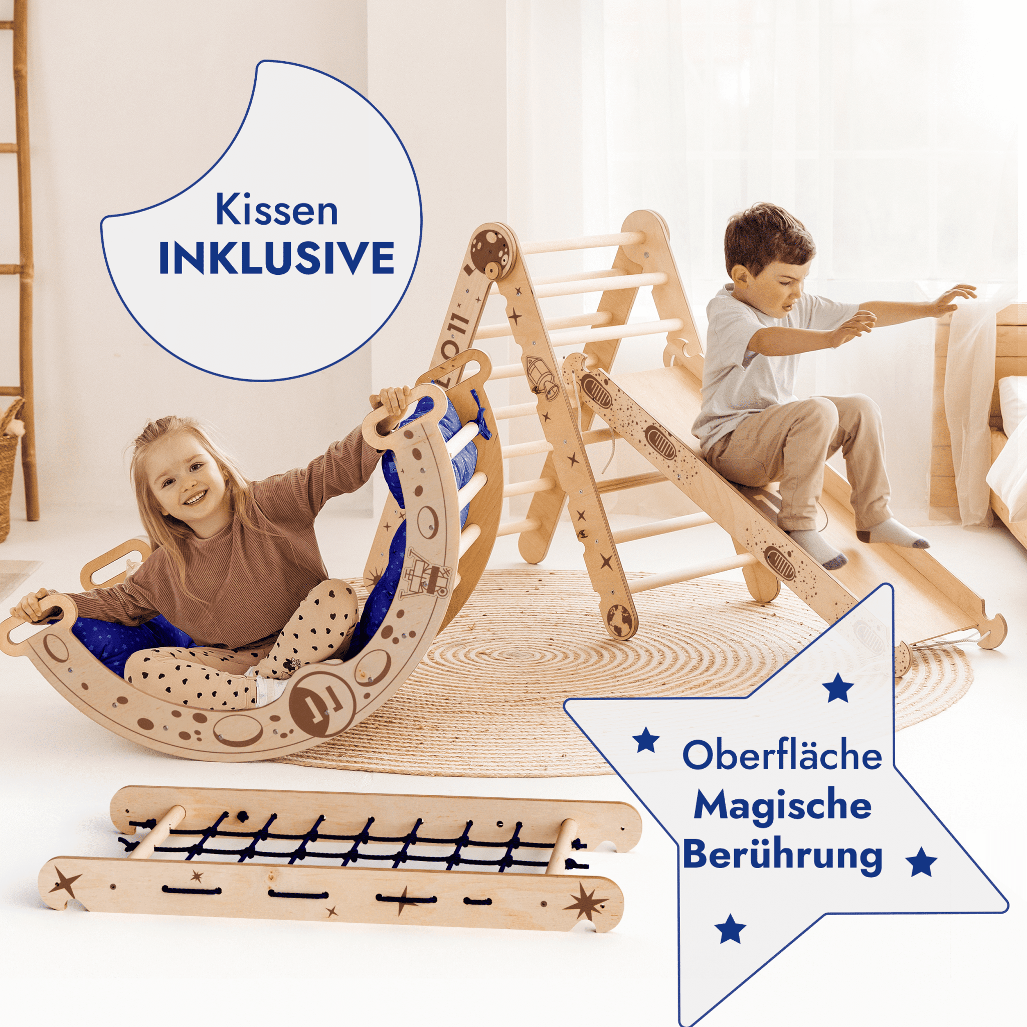 Apollo 5 - in - 1 Kletterset: Pikler - Dreieck, Kletterbogen, Rutschbrett, Kissen und Netz für kleine Astronauten - myplayground