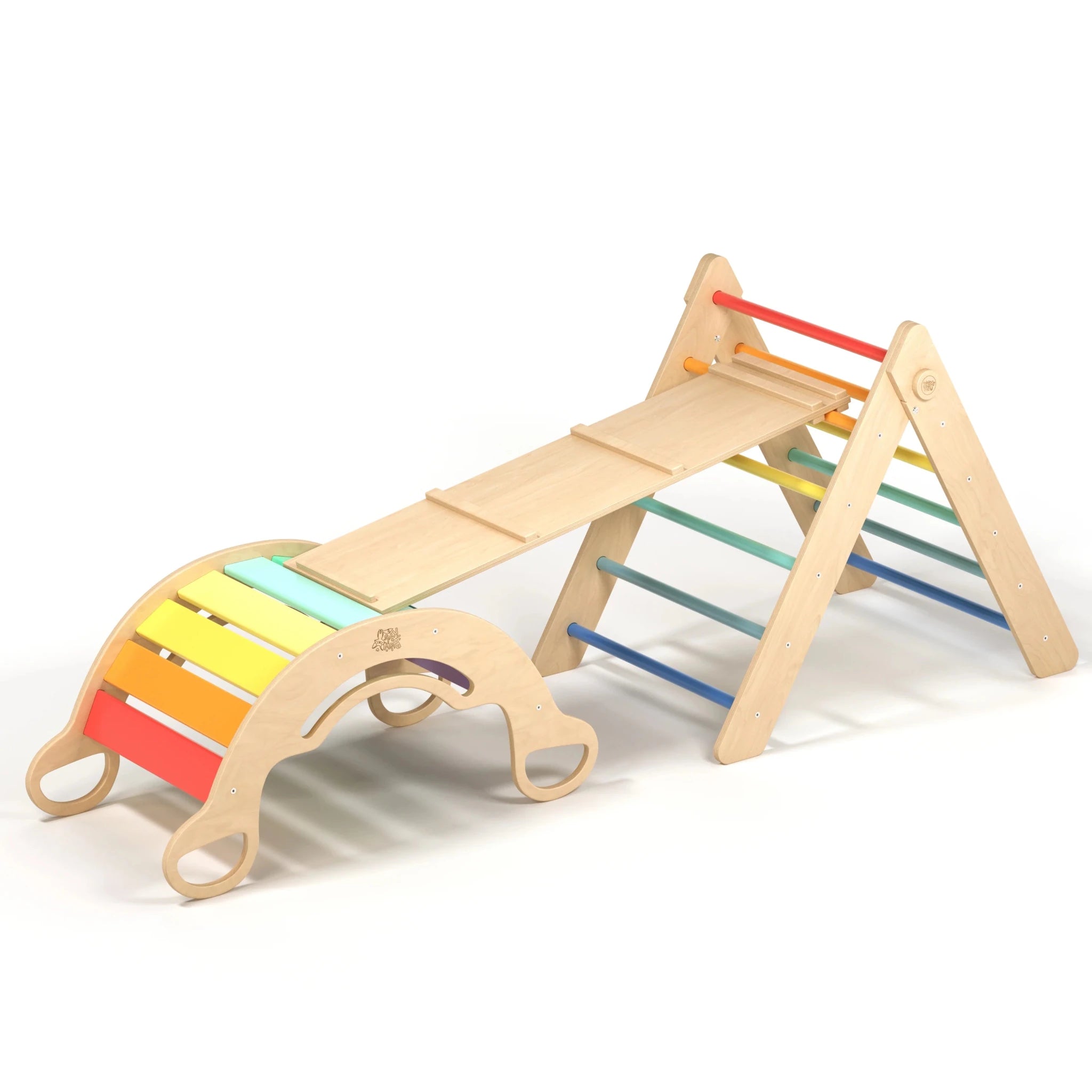 Ensemble triangle pikler + planche + bascule d’équilibre - arc - en - ciel, bois Natura, 12 à 18 mois - BusyKids - myplayground
