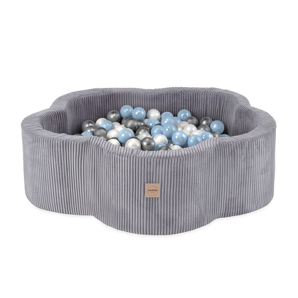 Piscine à balles - 95x30, gris, velours côtelé premium, Floral Fun Zone (+ 200 boules perle, argent, bleu clair) - Plush nest - Misioo - myplayground
