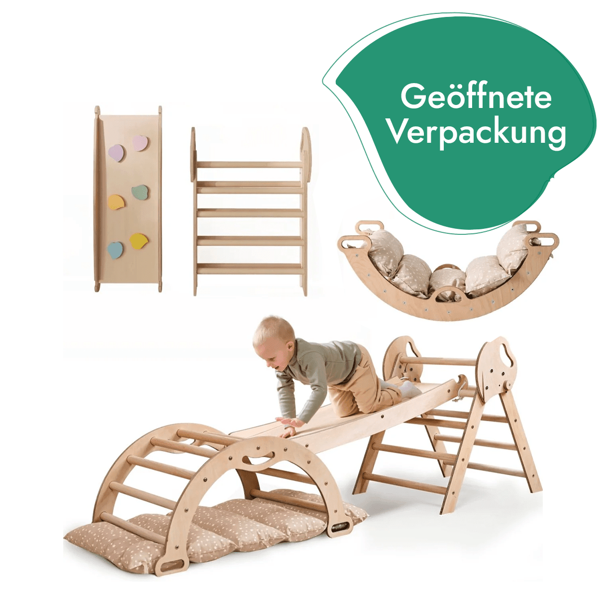 4 - in - 1 Kletterset für Kleinkinder: Pikler - Dreieck + Kletterbogen + Rutschbrett + Kissen - “Gebraucht – Wie neu” - myplayground