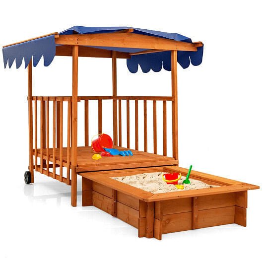 Kids Outdoor Wooden Retractable Sandbox with Cover and Built - in Wheels - Natural - myplayground