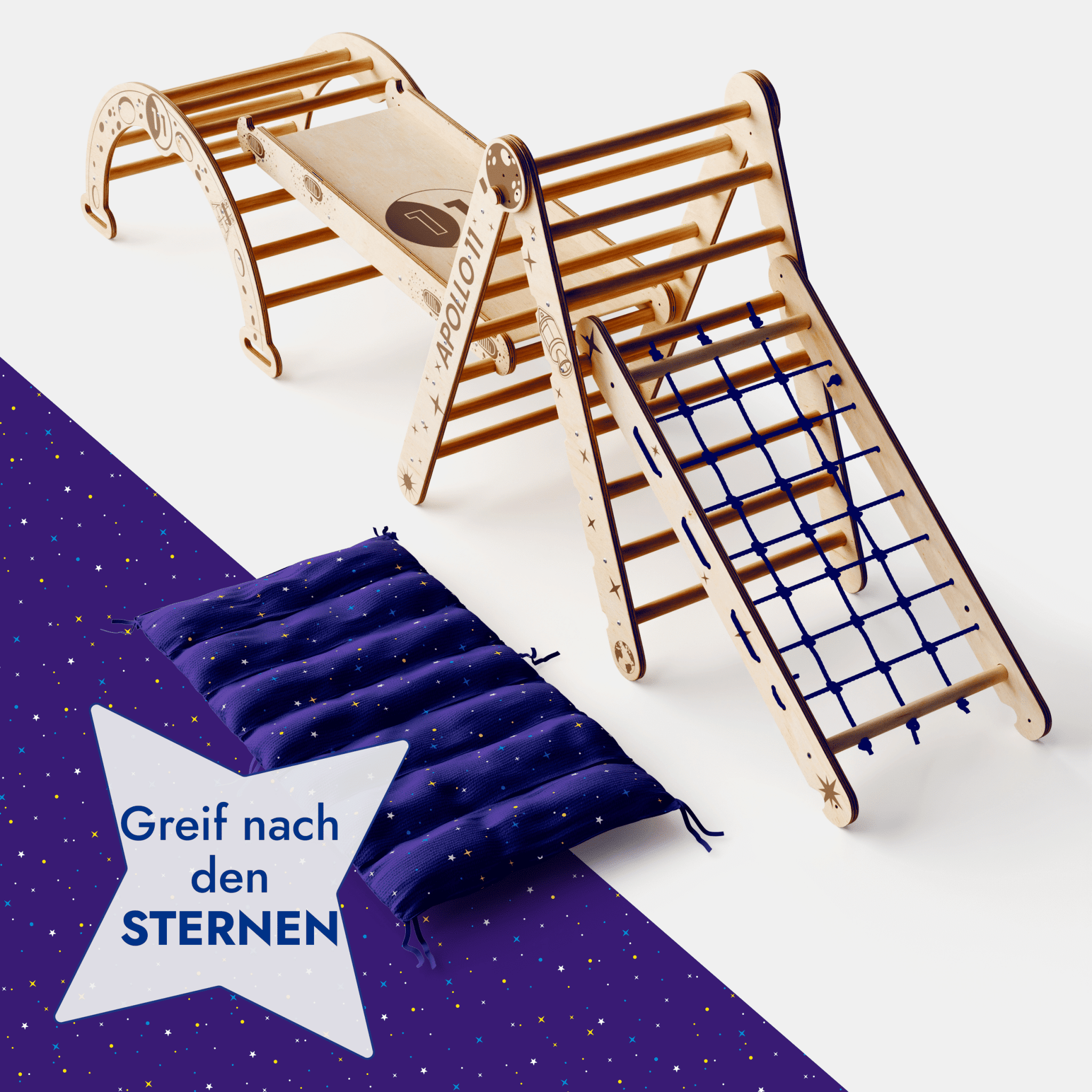 Apollo 5 - in - 1 Kletterset: Pikler - Dreieck, Kletterbogen, Rutschbrett, Kissen und Netz für kleine Astronauten - myplayground