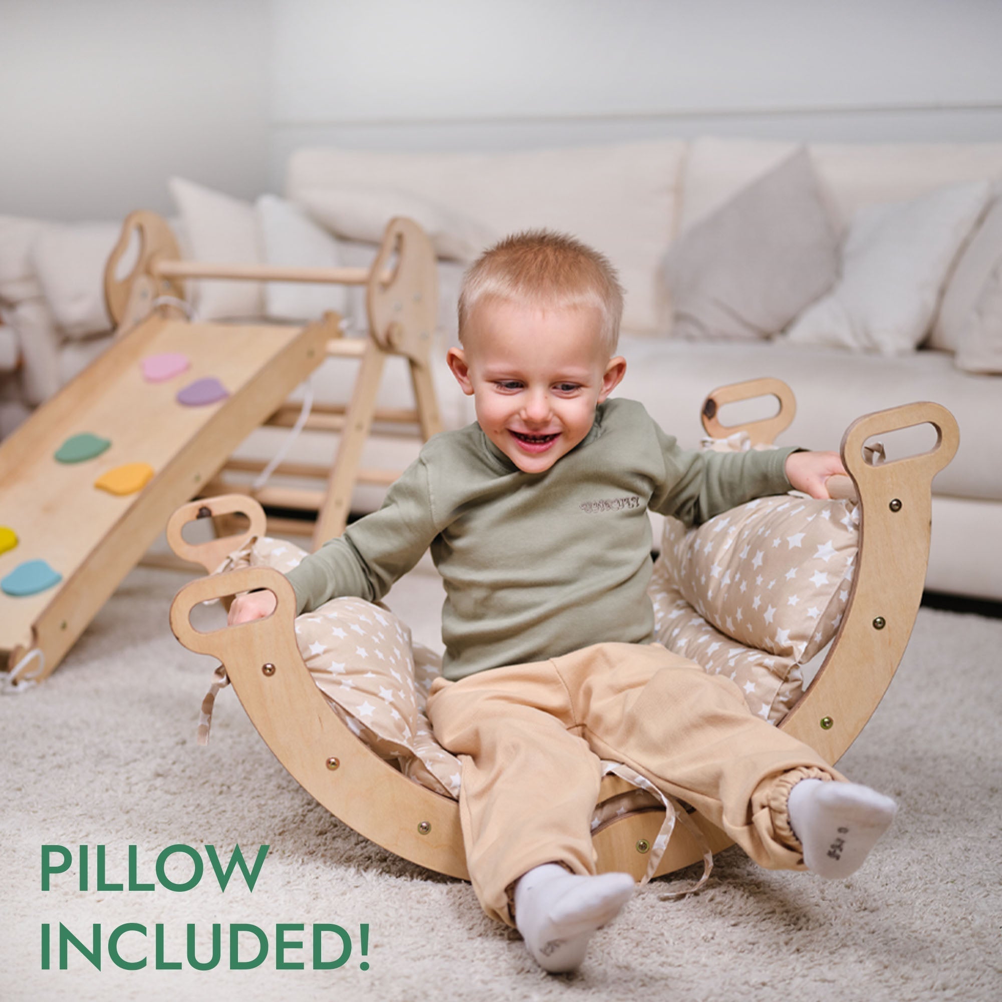 4 - in - 1 Kletterset für Kleinkinder: Pikler - Dreieck + Kletterbogen + Rutschbrett + Kissen - “Gebraucht – Wie neu” - myplayground