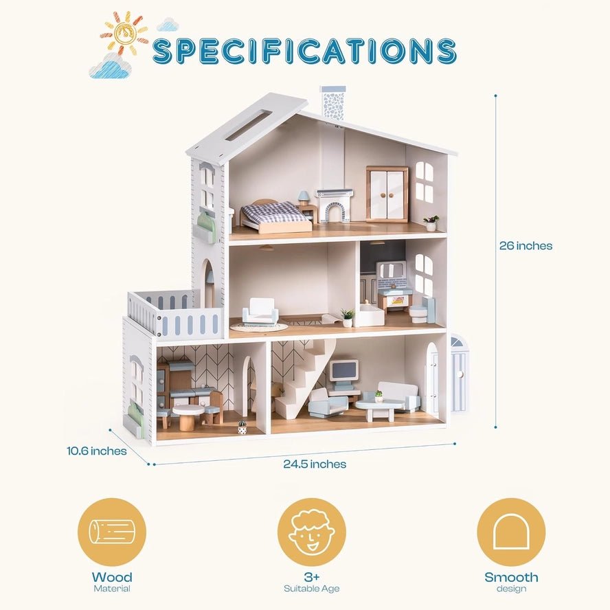 Maison de Poupée en Bois Robud à 3 Étages avec Mobilier - Robud & Mewoofun Official Store - myplayground