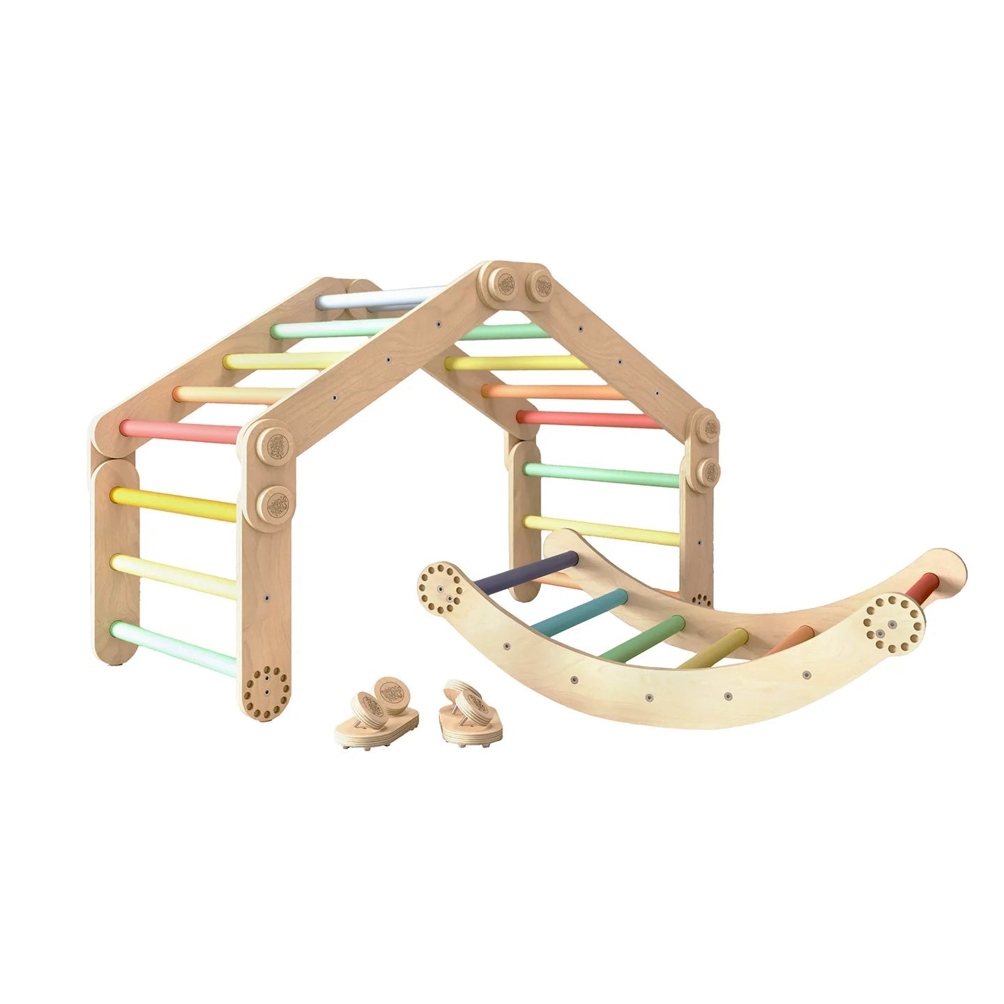 Ensemble d’escalade inclinable (set L avec Rocker) - arc - en - ciel, bois brut (non verni), 18 à 24 mois - BusyKids - myplayground