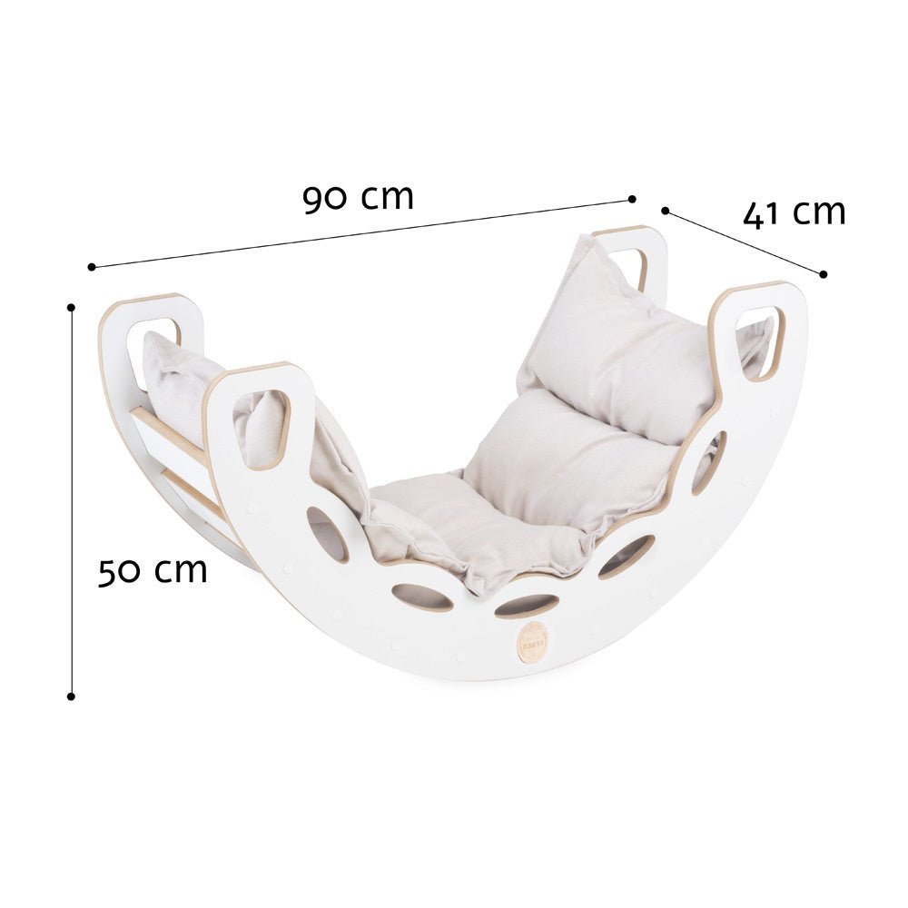 Bascule 4 en 1 - bois blanc, avec mur d’escalade, toboggan et coussin beige clair, motricité - Plush nest - myplayground