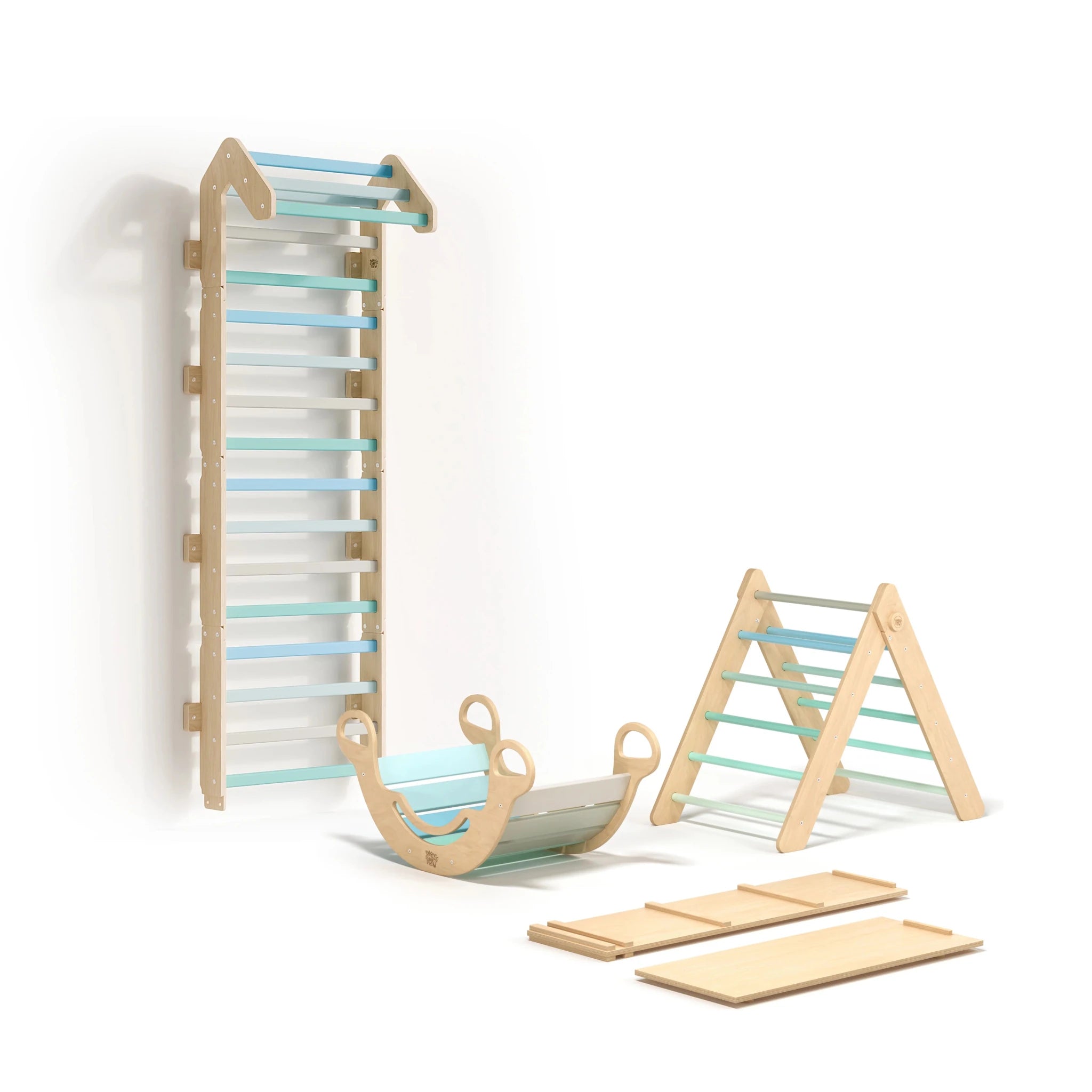 Ensemble (Maxi) Mur Suédois + Triangle Pikler + Bascule + 2 Planches à Double - Menthe, Bois Natura, 12 à 18 mois - Busykids - myplayground