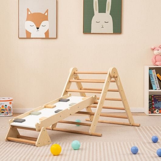 3 - in - 1 Pikler Triangle Climbing Set Kids Foldable Montessori Toys with Ramp - Natural - myplayground