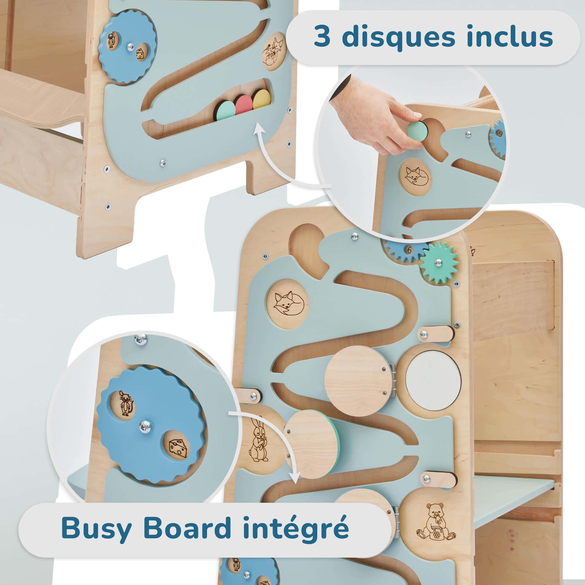 BusyKids - Tour d’Apprentissage Multifonctions 5 en 1 Menthe - Bois Brut (non verni) - 18 à 24 mois - myplayground