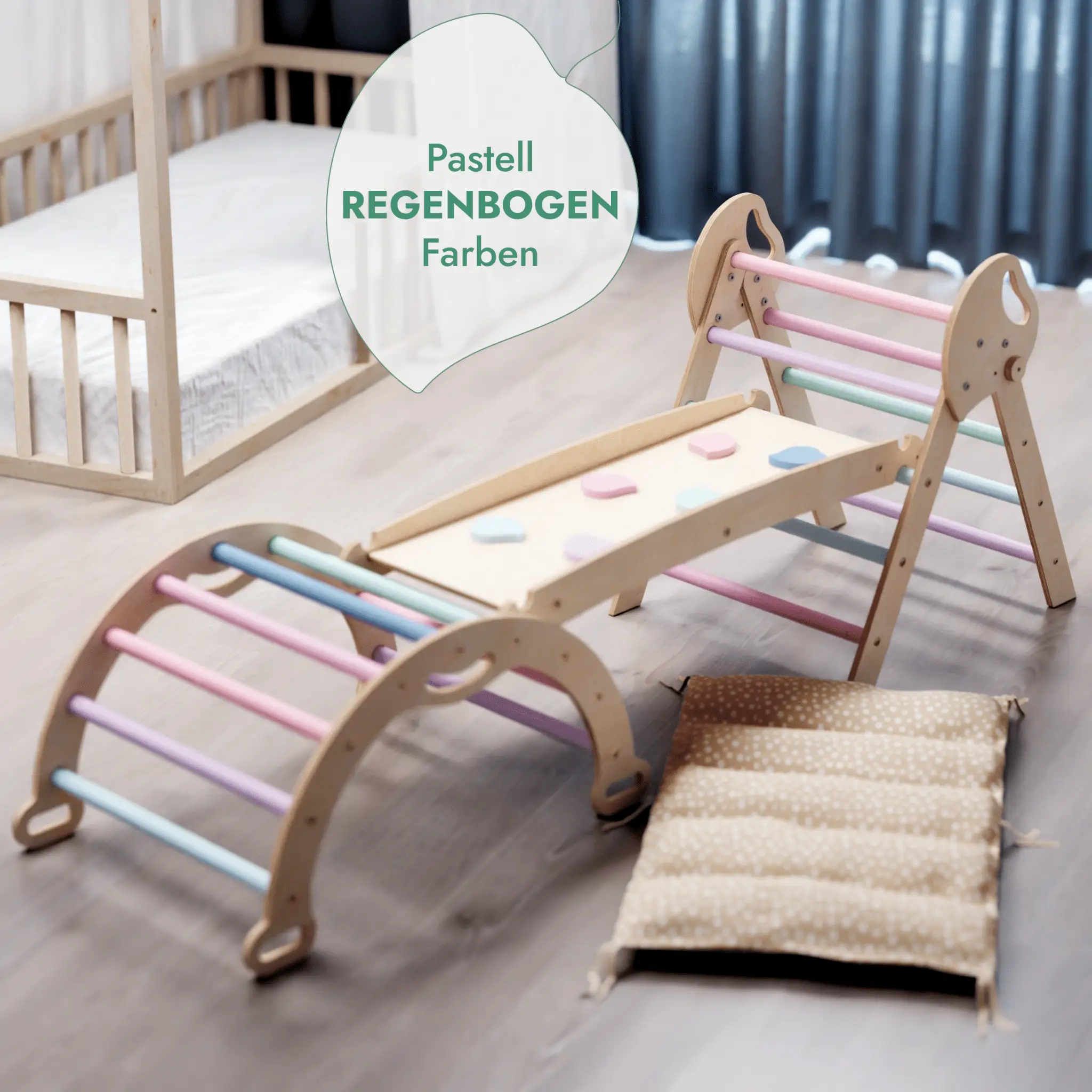 Montessori 4-In-1 Climbing Set For Toddlers 1-3 Pikler Triangle Climbing Arch Slide Board Cushion Pastel by Goodevas