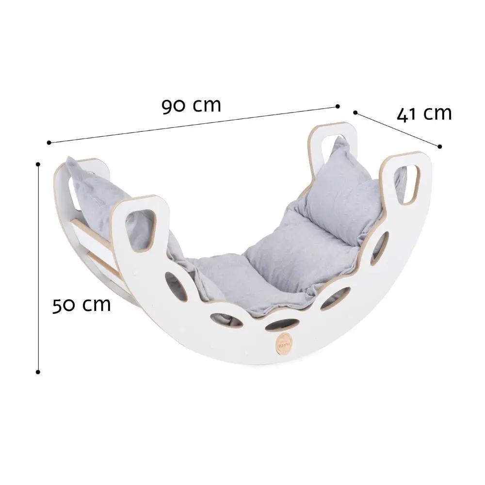 Bascule 4 en 1 - bois blanc, avec mur d’escalade, toboggan et coussin en velours gris clair, motricité - Plush nest by Misioo