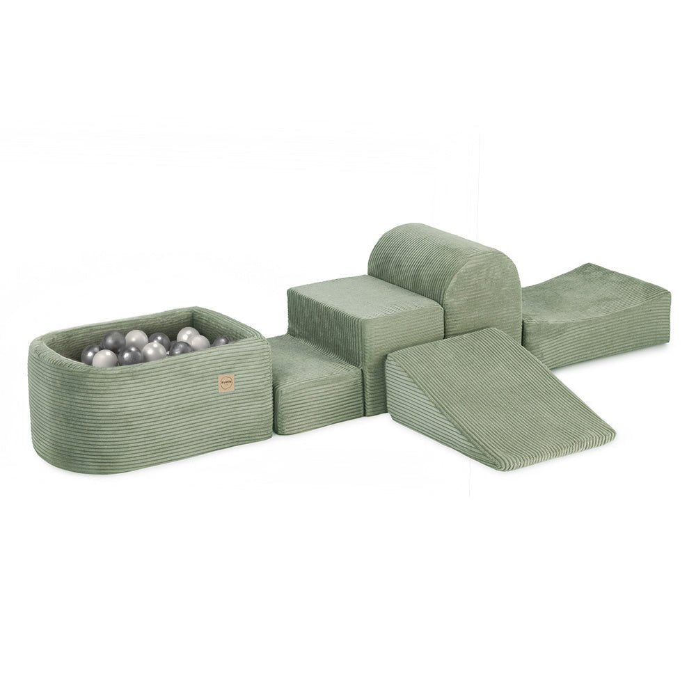 Mini terrain de jeu – Velours côtelé vert premium, bassin et 100 balles (perle et argent) – Plush Nest - myplayground