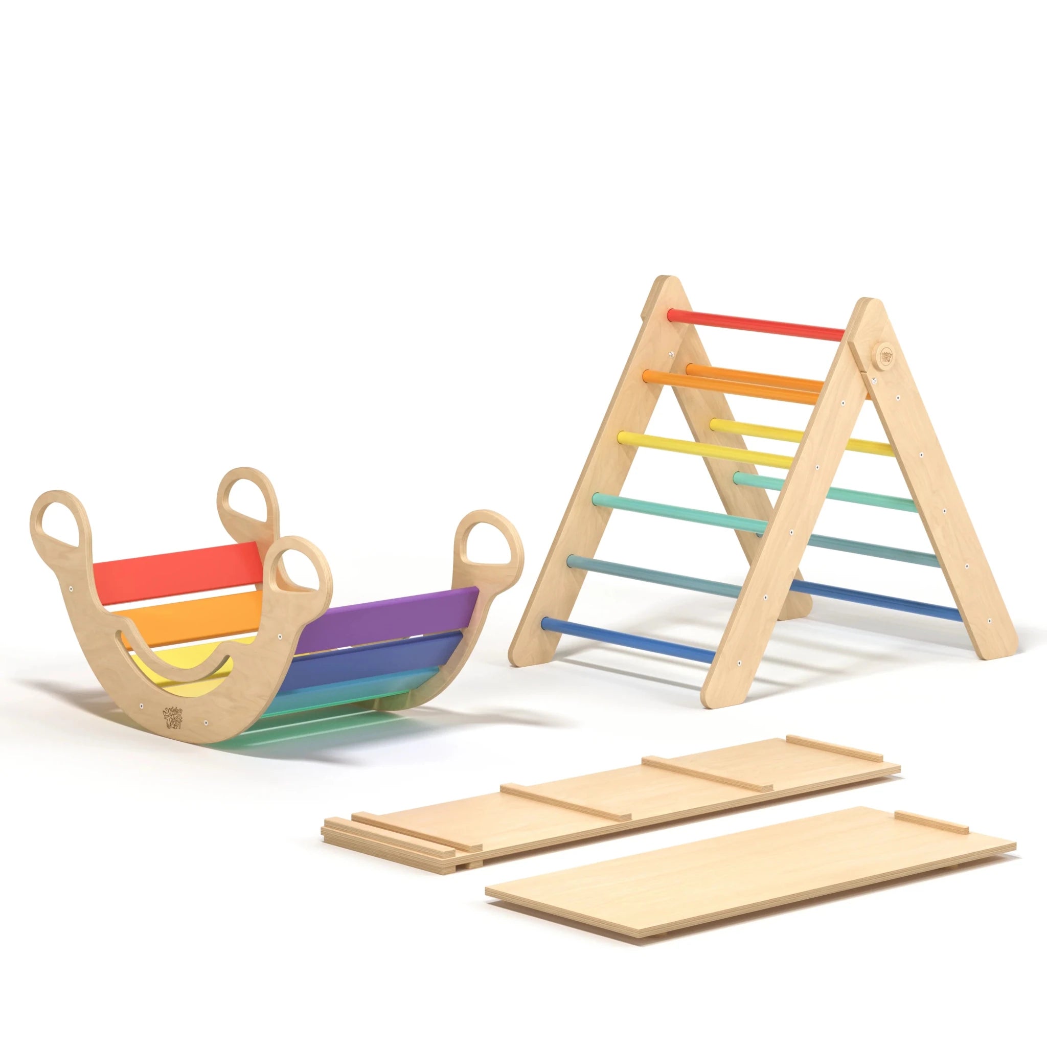 Ensemble (Maxi) Mur Suédois + Triangle Pikler + Bascule + 2 Planches à Double Face - Arc - en - ciel, bois natura, 12 à 18 mois - BusyKids - myplayground
