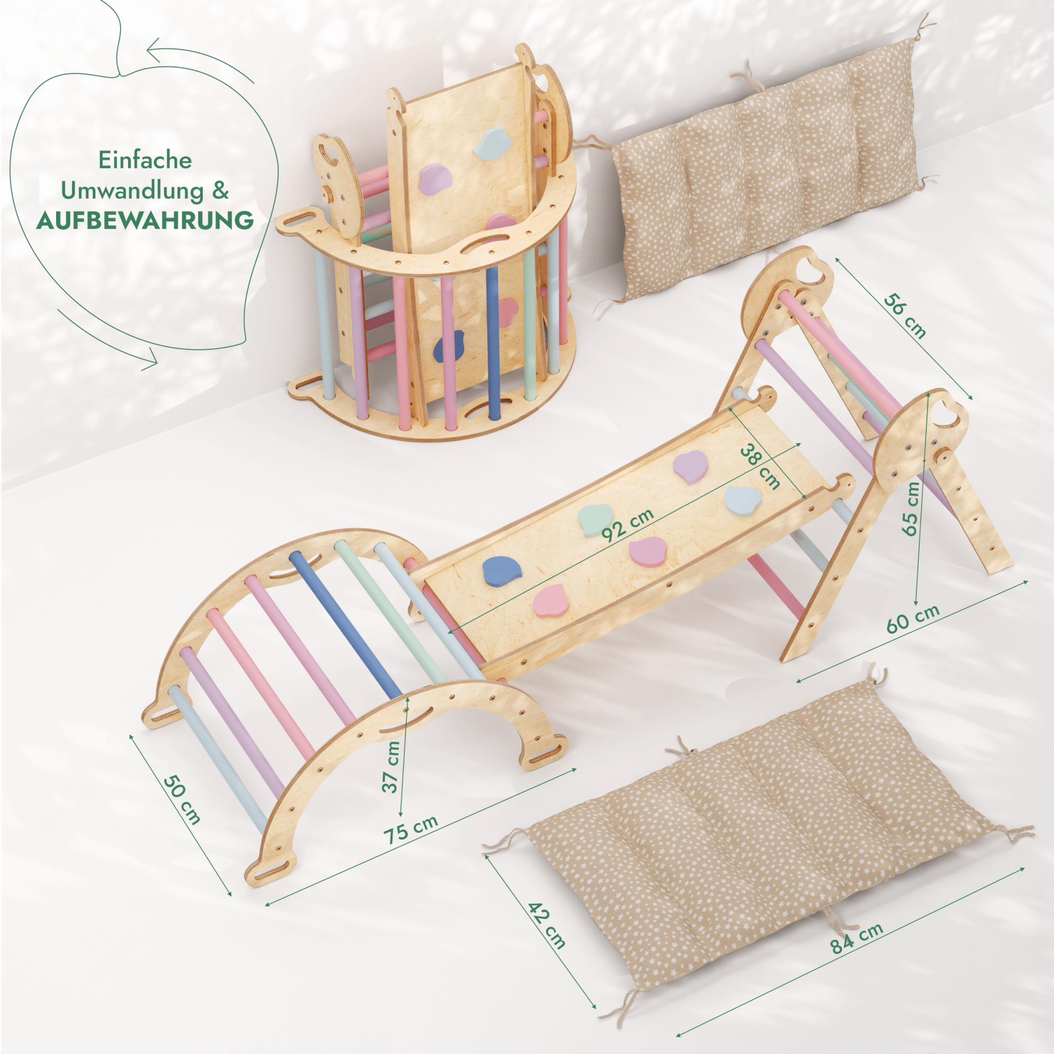 4 - in - 1 Montessori - Kletterset: Pikler - Dreieck, Kletterbogen, Rutschbrett und Kissen für Kleinkinder (1–3 Jahre) – Pastell - myplayground