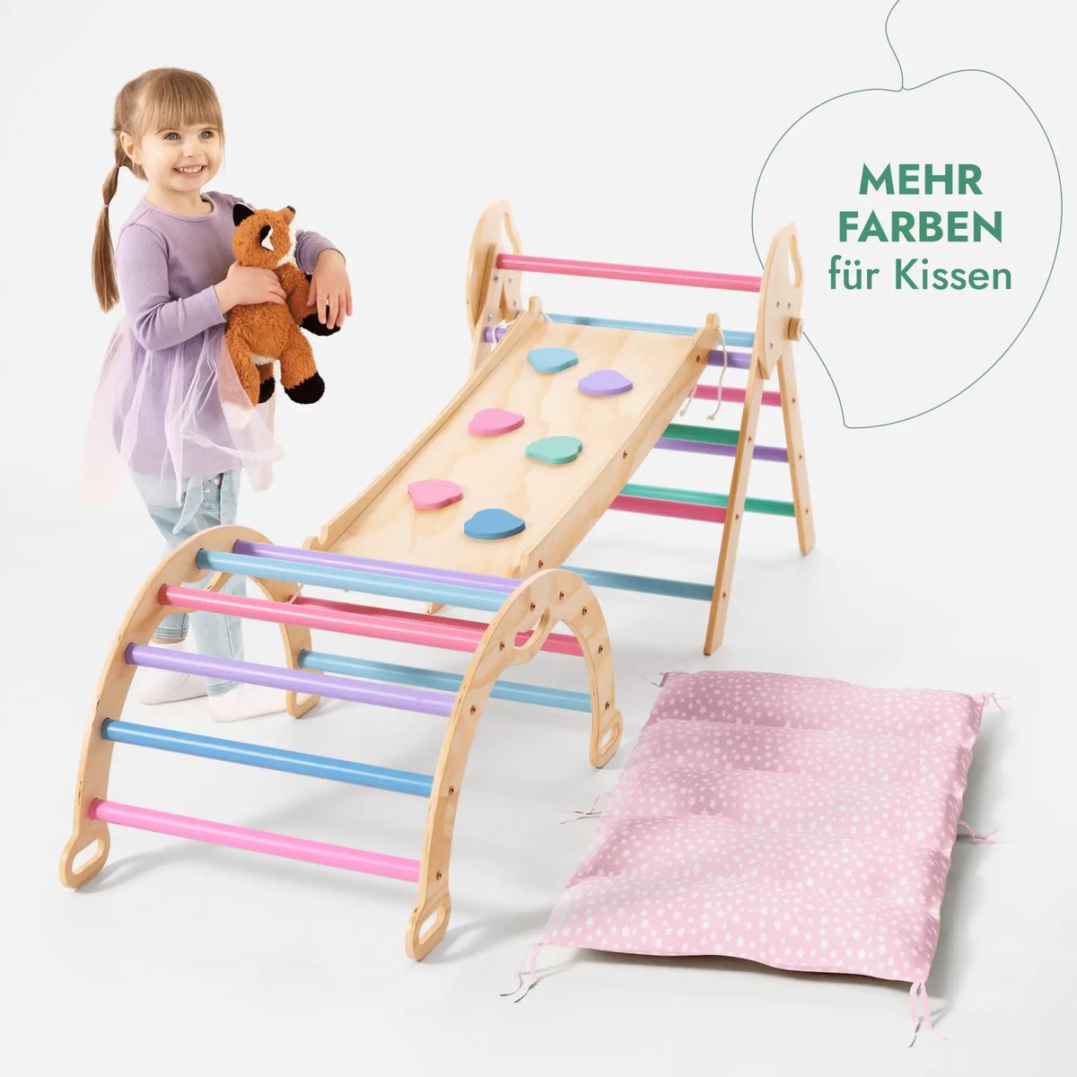 Montessori 4-In-1 Climbing Set For Toddlers 1-3 Pikler Triangle Climbing Arch Slide Board Cushion Pastel by Goodevas