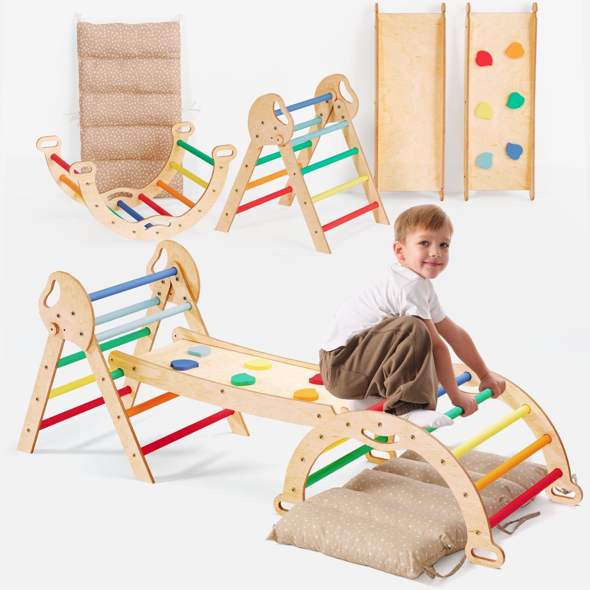 4in1 Montessori - Kletterset: Pikler - Dreieck, Kletterbogen, Rutschbrett und Kissen für Kleinkinder (1–3 Jahre) – Regenbogen - myplayground