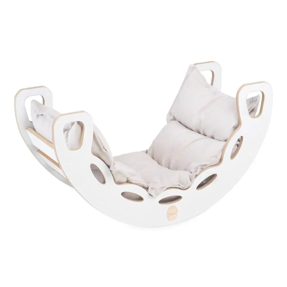 Bascule 4 en 1 - bois blanc, avec mur d’escalade, toboggan et coussin beige clair, motricité - Plush nest by Misioo