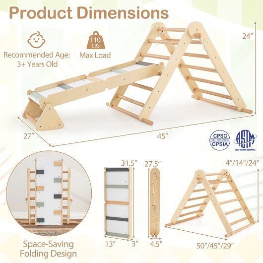 3 - in - 1 Pikler Triangle Climbing Set Kids Foldable Montessori Toys with Ramp - Natural - myplayground