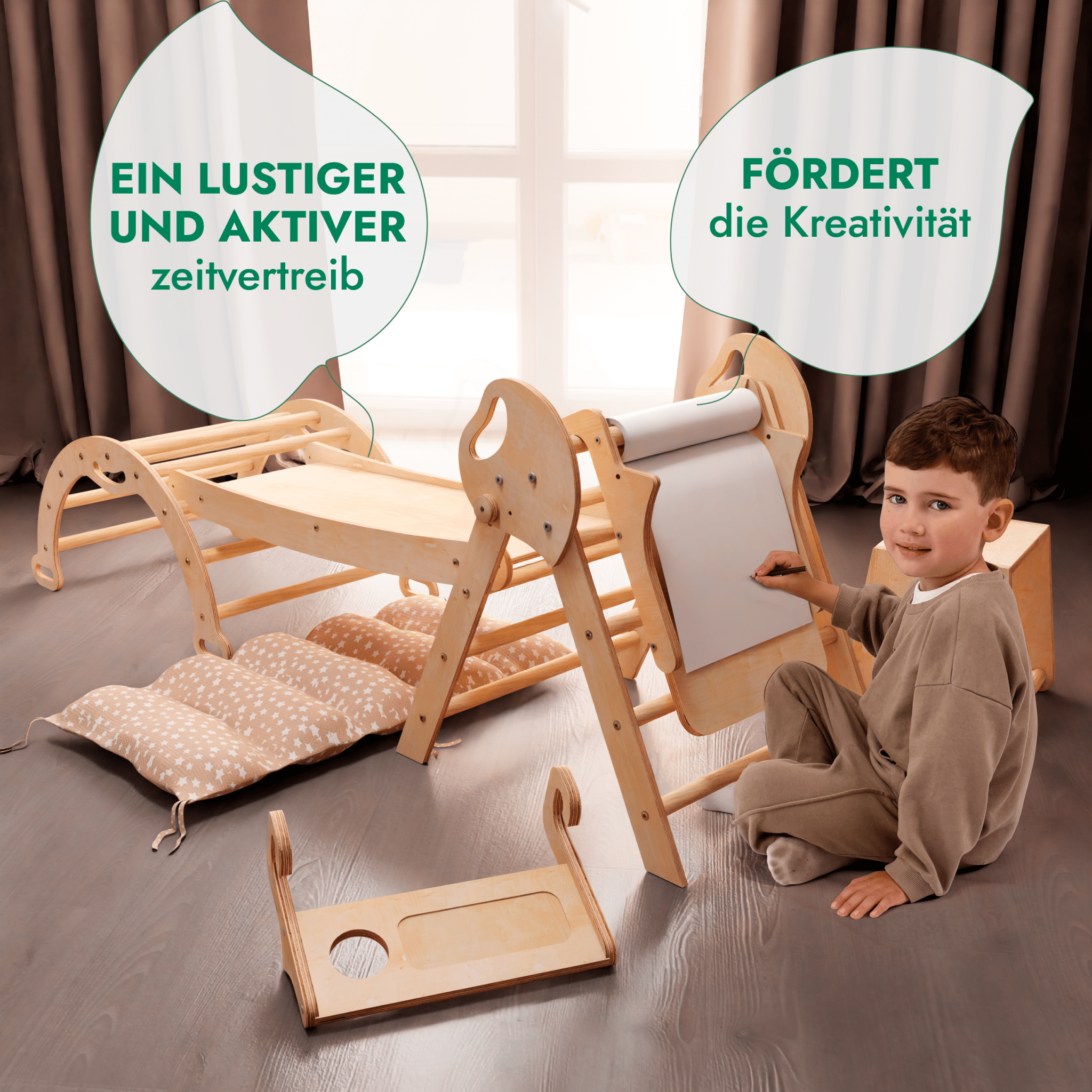 Montessori 5in1 Kletterdreieck für Babys: Pikler - Dreieck, Kletterbogen, Kunst - Erweiterung ,Rutschbrett und Kissen für Kleinkinder (1–3 Jahre) - myplayground