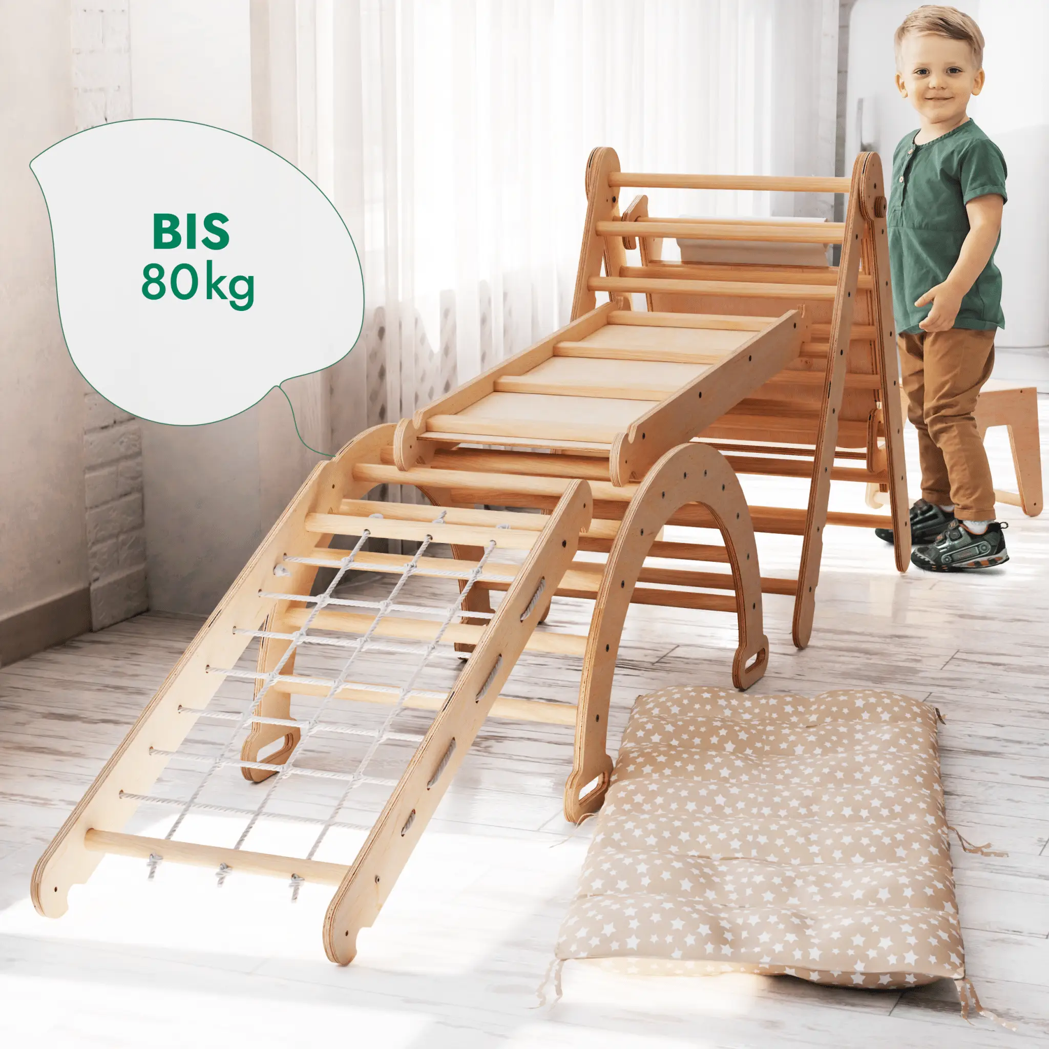 7in1 Montessori Klettergerüst Set: Kletterdreieck, Kletterbogen mit Kissen, Rutsche, Kletternetz, Maltafel und Kinderstuhl, für Kinder 1 - 7 Jahre – Beige - myplayground