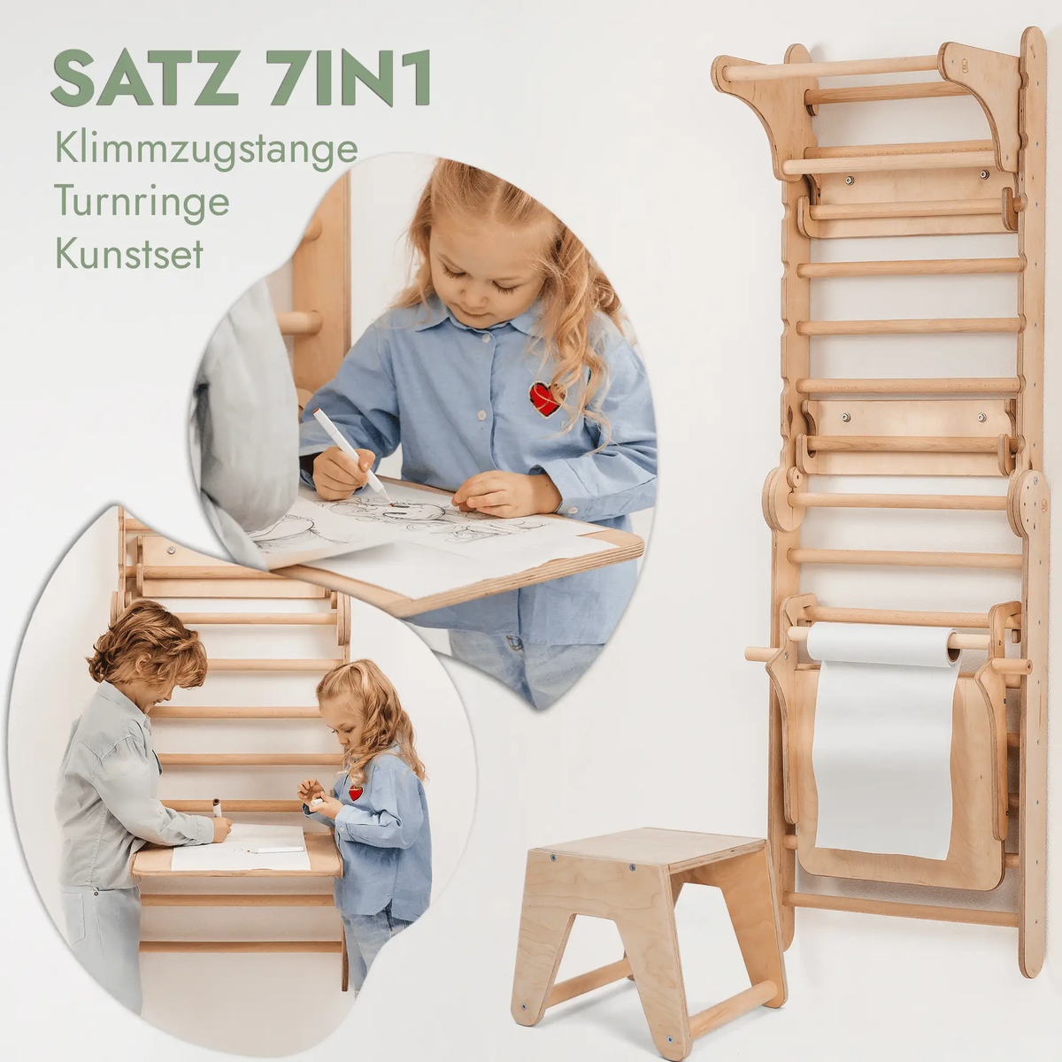 8in1 Kletterwand Indoor: Sprossenwand, Gymnastikringe, Hängende Leiter, Disc - Schaukel, Rutsche, Klimmzugstange, Maltafel und Kinderstuhl für Kinder – Beige - myplayground