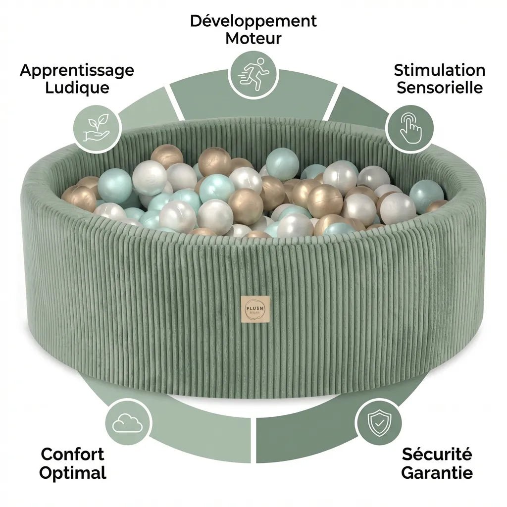 Piscine à balles - ronde 90x30 cm, verte, velours côtelé (+ 200 boules perle, perle menthe, or) - Plush Nest - Misioo - myplayground