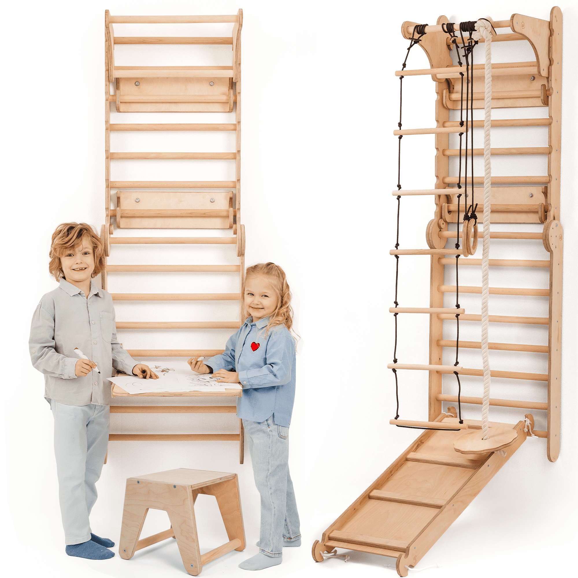 8in1 Kletterwand Indoor: Sprossenwand, Gymnastikringe, Hängende Leiter, Disc - Schaukel, Rutsche, Klimmzugstange, Maltafel und Kinderstuhl für Kinder – Beige - myplayground