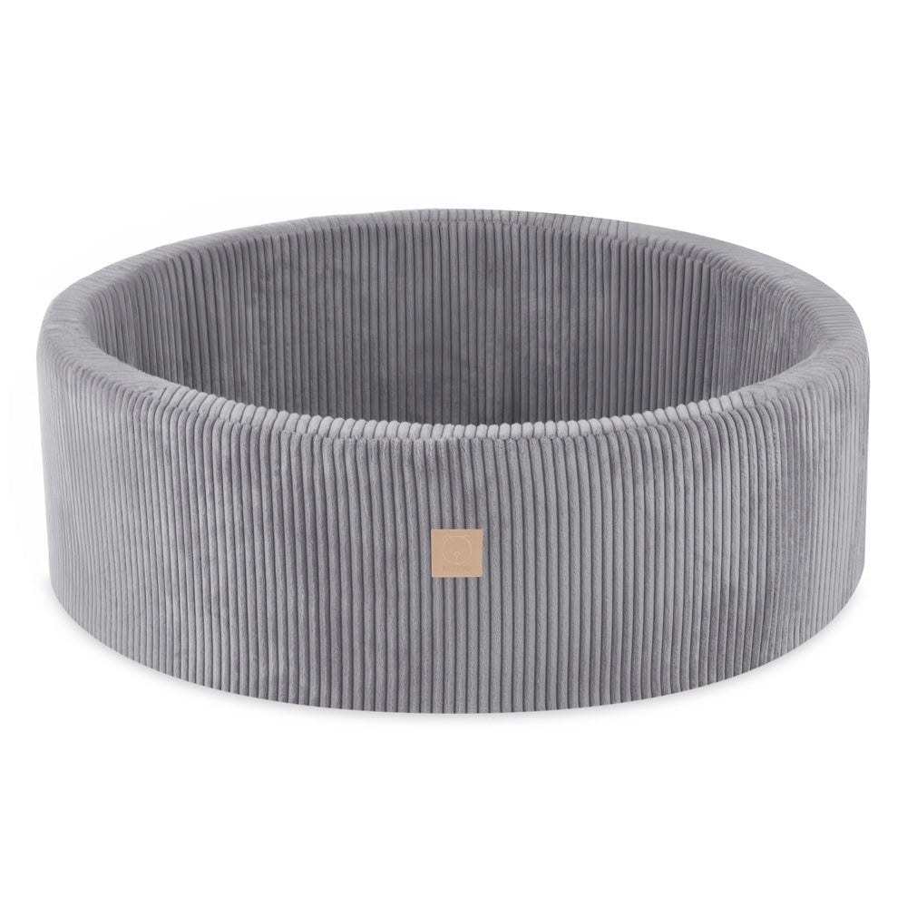 Piscine à balles - ronde 90x30 cm, gris clair, velours côtelé (+ 200 boules perle, bleu clair, argent) - Plush Nest - Misioo - myplayground