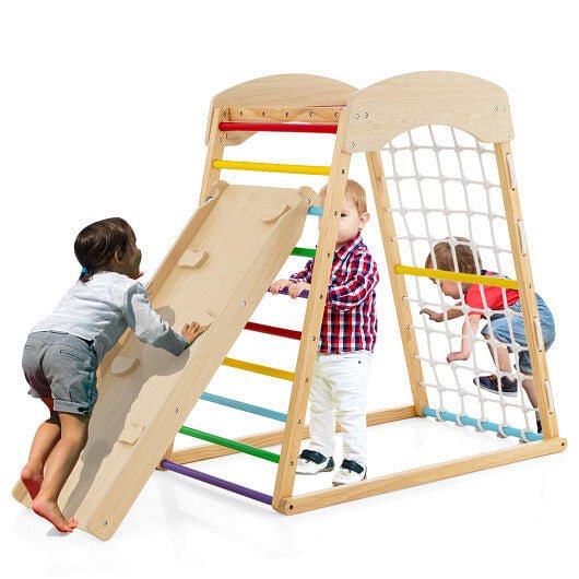 6 - in - 1 Jungle Gym Wooden Indoor Playground with Double - Sided Ramp and Monkey Bars - Multicolor - myplayground