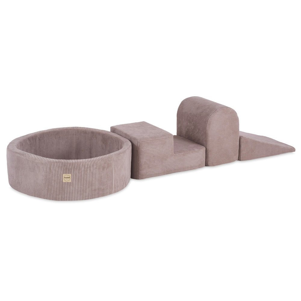 Terrain de jeu 3 éléments + dry pool 90x30 – Velours côtelé beige premium (+200 balles : perle, or, jaune), aire de jeux – Plush Nest - myplayground