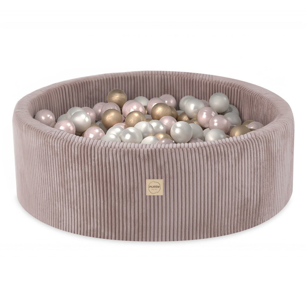 Piscine à balles - ronde 90x30 cm, velours côtelé beige (+ 200 boules perle, rose clair, or ) - Plush Nest - Misioo - myplayground