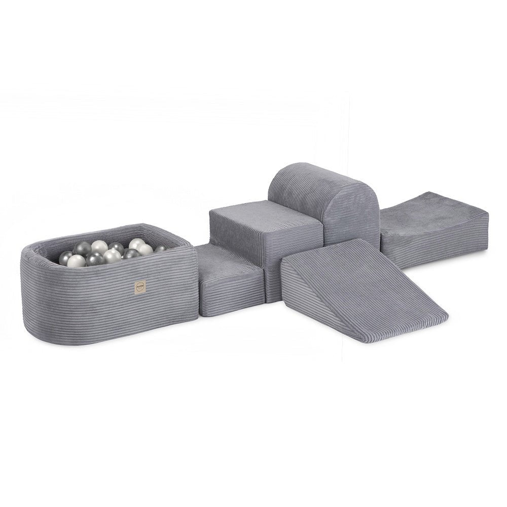 Mini terrain de jeu – Velours côtelé gris premium, bassin et 100 balles – Plush Nest - myplayground