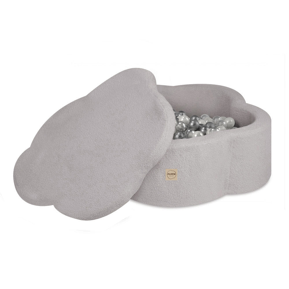 Piscine à balles avec tapis, 95x30 cm, agneau gris, Floral Fun Zone (+ 200 boules argent, perle, transparentes) - Plush Nest - Misioo - myplayground