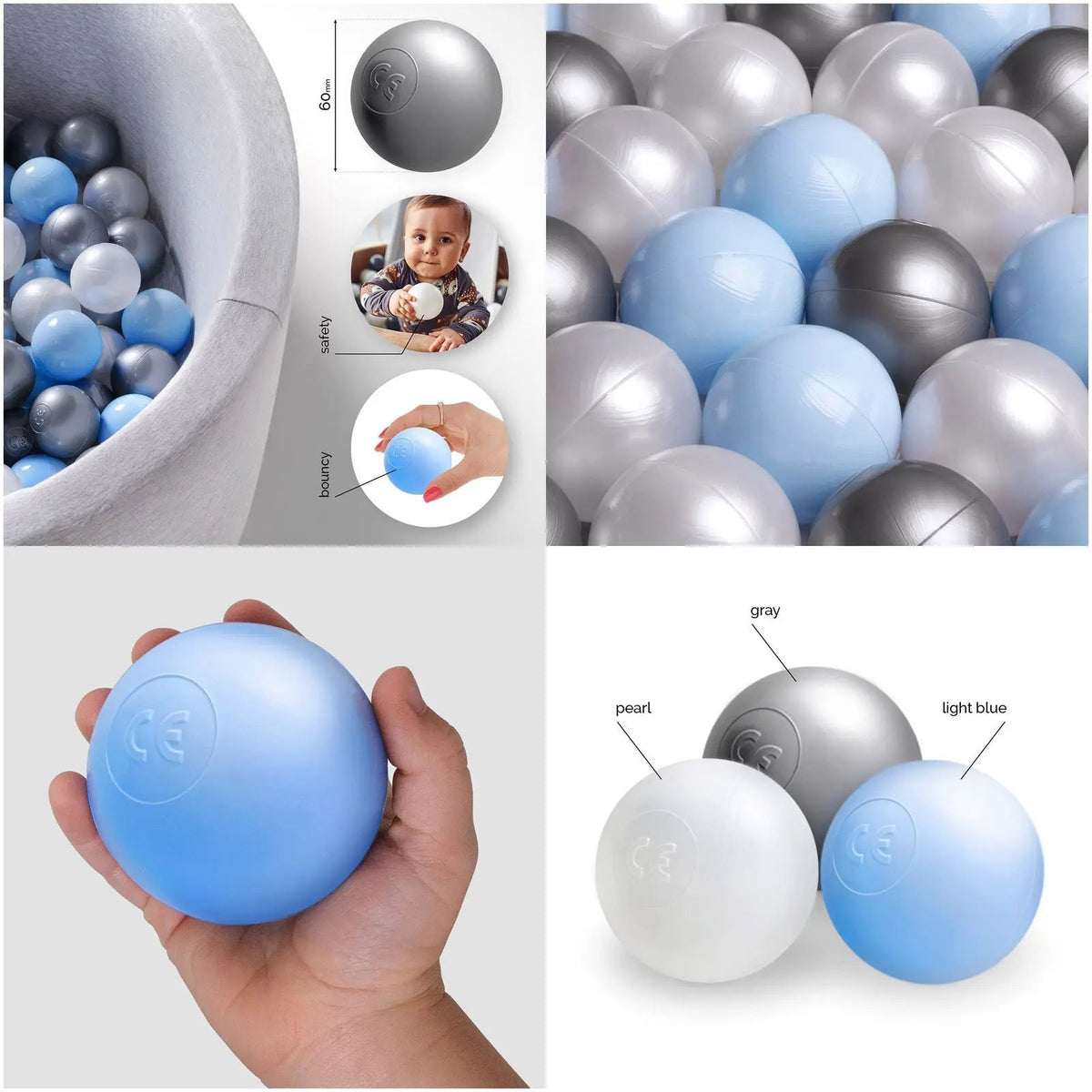 Boule de piscine à balles - 6 cm, lot de 200 pcs : perle, argent, perle bleu clair - Plush Nest - Misioo by Misioo