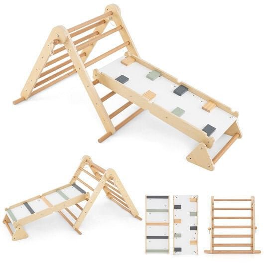 3 - in - 1 Pikler Triangle Climbing Set Kids Foldable Montessori Toys with Ramp - Natural - myplayground