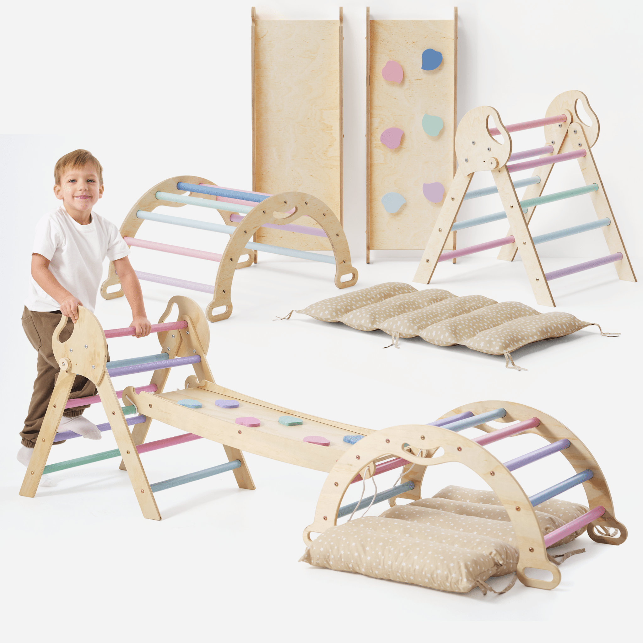 4 - in - 1 Montessori - Kletterset: Pikler - Dreieck, Kletterbogen, Rutschbrett und Kissen für Kleinkinder (1–3 Jahre) – Pastell - myplayground